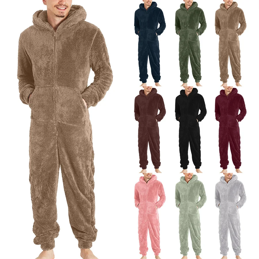 2025 Pánske zimné teplé pyžamy súpravy Men Men Solid zips jednodielne nočné oblečenie s dlhým rukávom s kapucňou s dlhou kombinézou Sleepwear 5xl