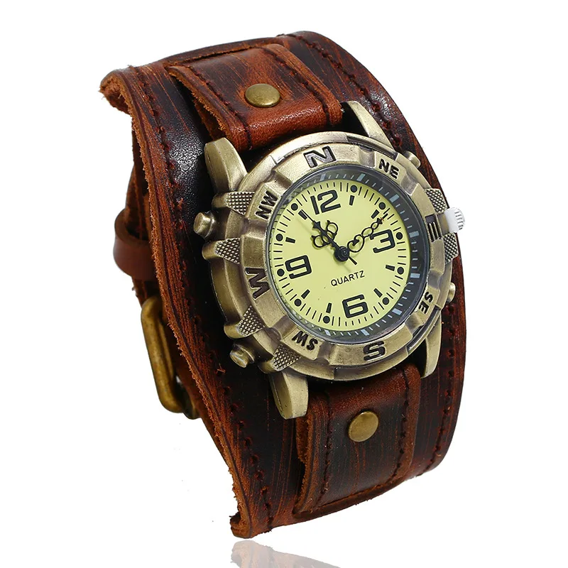 2025 Relogio Retro Veľký široký originálny kožený remienok hodinky Men Punk Quartz Cuff Watch Watchwatches Náramok Náramok nezvyčajné zápästie