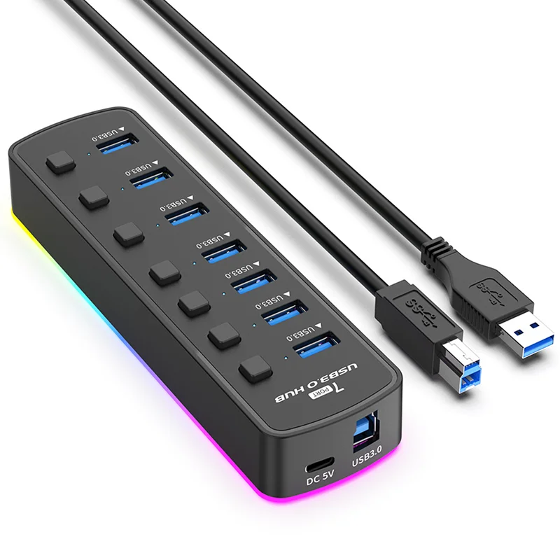 2025 RGB 7 Port USB3.0 HUB s 1M USB3.0 KABEL Viacnásobný port s jednotlivými prepínačmi LED/vypnutia USB pre laptop a PC