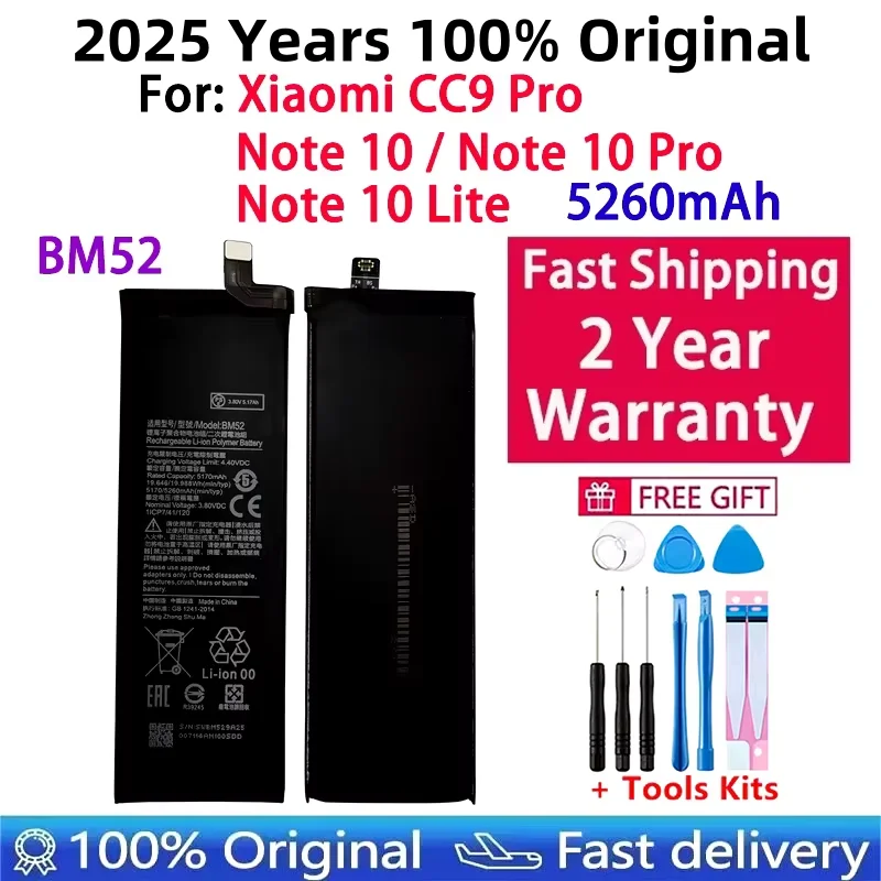 2025 rokov nová originálna batéria BM52 pre Xiaomi Mi Poznámka 10 Lite / mi Poznámka 10 Pro / CC9Pro CC9 Pro 5260 mAh batérie Rýchle preprava