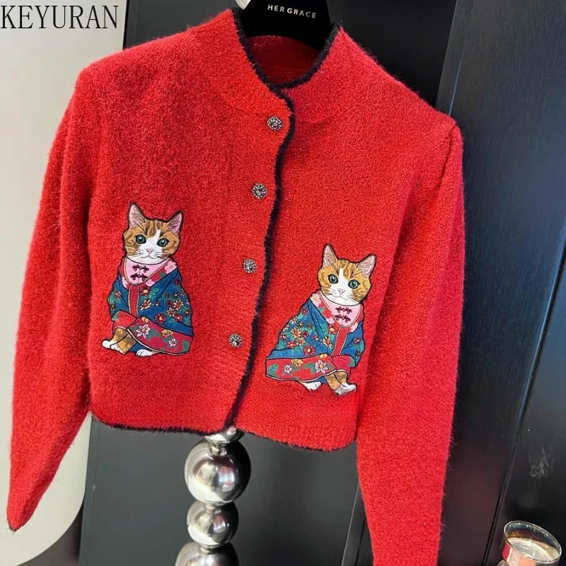 2025 Spirng Autumn Red Cat vyšíva vlny pletený sveter Dámske oblečenie Vintage s dlhým rukávom pletené plodiny y2k