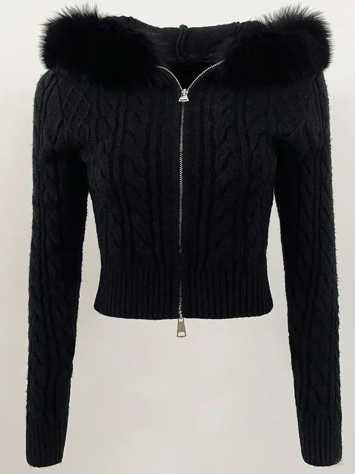 2025 Spring Autumn Fashion Móda Nové krátke príležitostné s kapucňou Otvorené Fox Fox Origin Fur Bunda Women Slim High Elastic Sveter