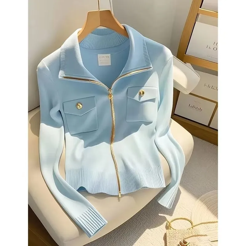 2025 Spring Autumn Polo Collar Zipper Dámsky pletací svetrový plášť osobnosť osobnosť Elegantná ležérna dámska sveterový kabát