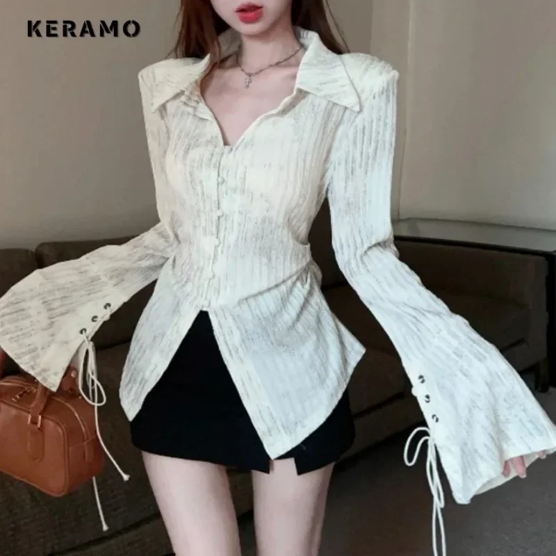 2025 Spring Hotsweet Coquette Coquette Turnwow Collar Blouses Blúzky Dámske neformálne gyaru módne pruhované šnurovacie košele