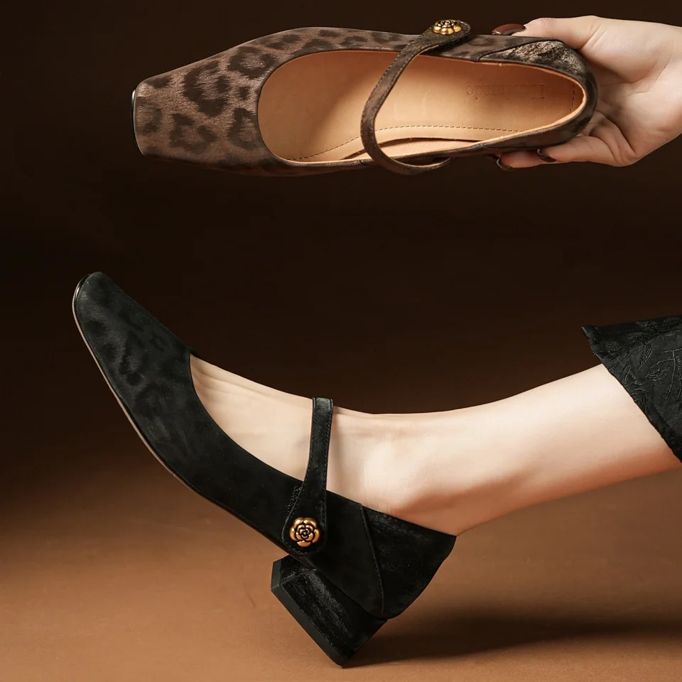 2025 Spring New Dámska leopardová ovčie koža kovová spona sklz-on Mary Jane Flats3cm hrubá päta Elegantné dámske dresy Slim Dress Shoes
