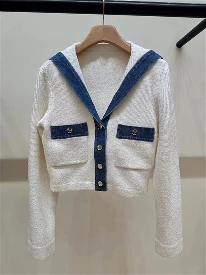 2025 Spring New Women Denim Trim Stitching Pletená sveterový kabát ženský námorník golier s dlhým rukávom sveter Outwear Top