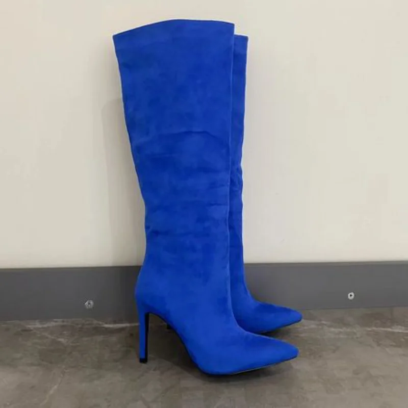 2025 Suede Blue Špicaté koleno vysoké topánky Čierne/zelené zimné džínsy skladané masívne farebné topánky 11 cm s vysokými podpätkami 36-41