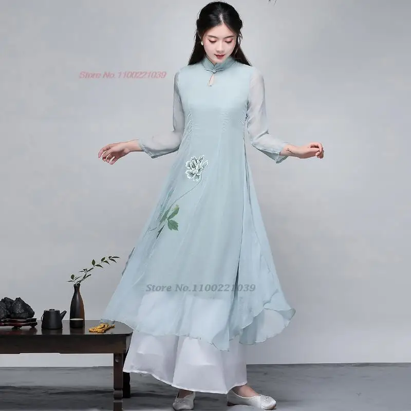2025 Tradičné Vietnam Aodai Cheongsam Šaty Národný kvetinový tlač Šifón Qipao Ao Dai Dress Oriental Tea Service Hanfu Dress