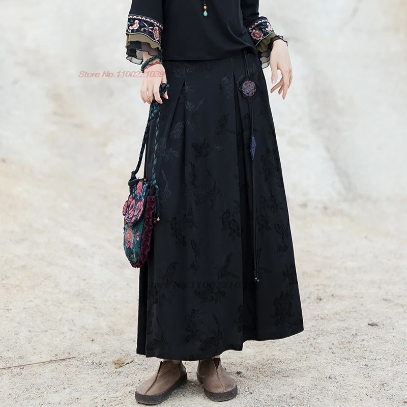 2025 Tradičné čínske vintage sukňa Národný kvet vyšívaný satén Jacquard sukňa Orientálna sukňa A-line Etnické streetwear