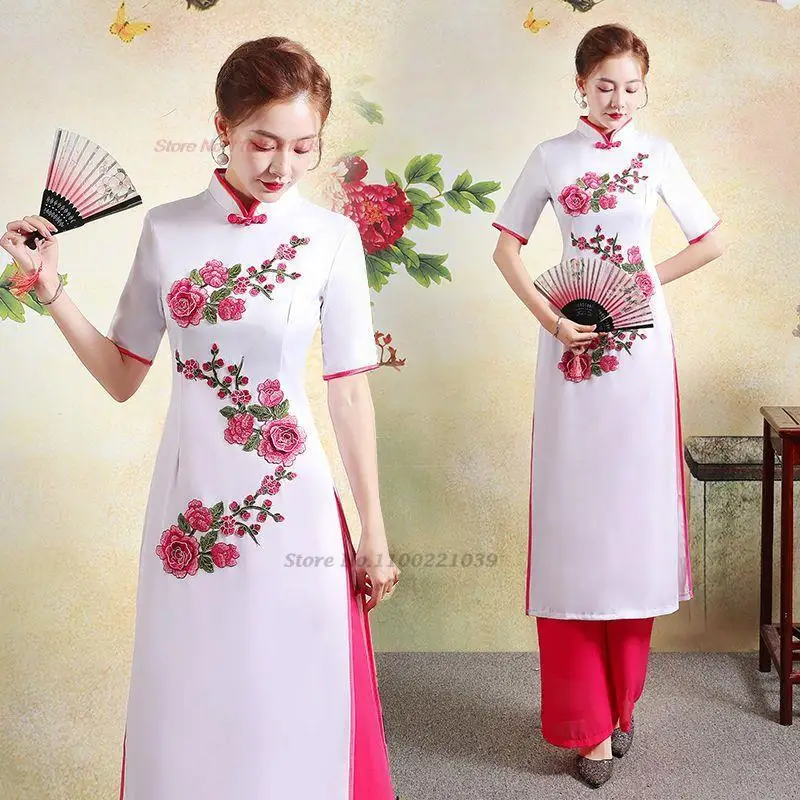 2025 Tradičné šaty Qipao Cheongsam Aodai Vietnam Aodai šaty+nohavice súpravy vintage kvetinové výšivky aoai elegantné večierky
