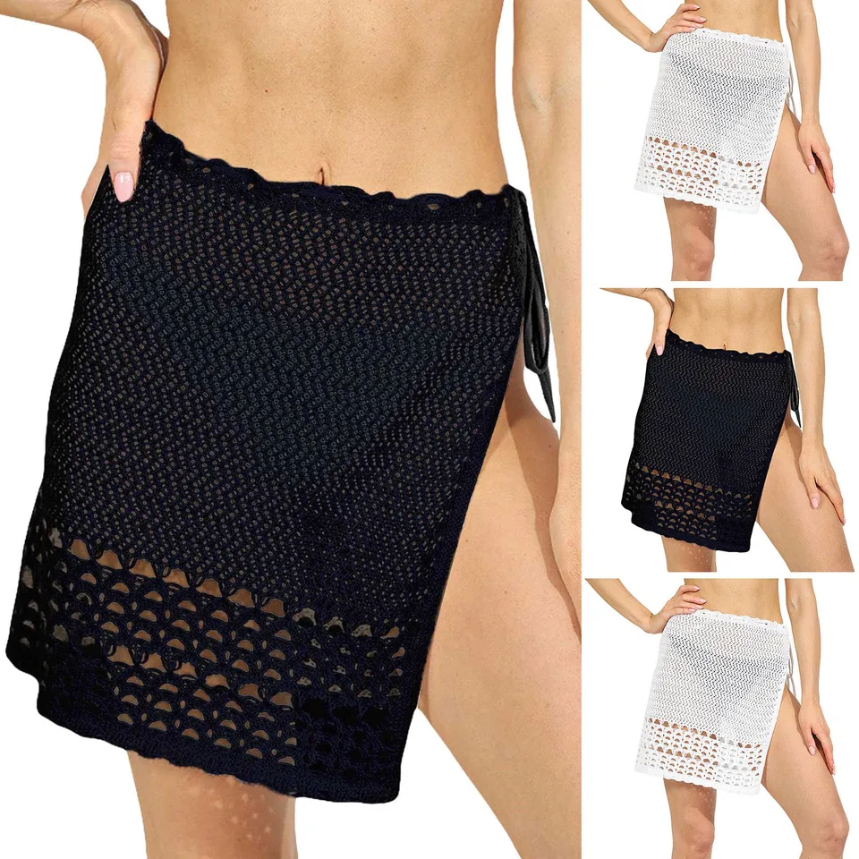 2025 Trend Ženy Pletené dutiny Vysoké masívne farebné sukňa Sexy pláž Slnečný krém Krátke šaty Plavné krytiny putá sarong sukňa