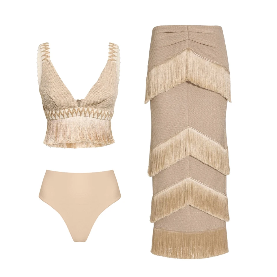 2025 V krk Fringe Trim Bikini plavky s vysokým pásom sukňou pre ženy halebné plavky