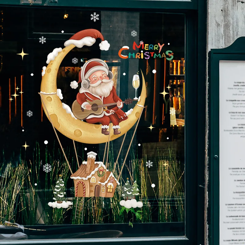 2025 Vianočné dekoratívne sklenené nálepky na sklenené okenné nálepky Santa Claus Snowman Elk Scene Layout Electrostatic Wall Sticker Šťastný nový rok