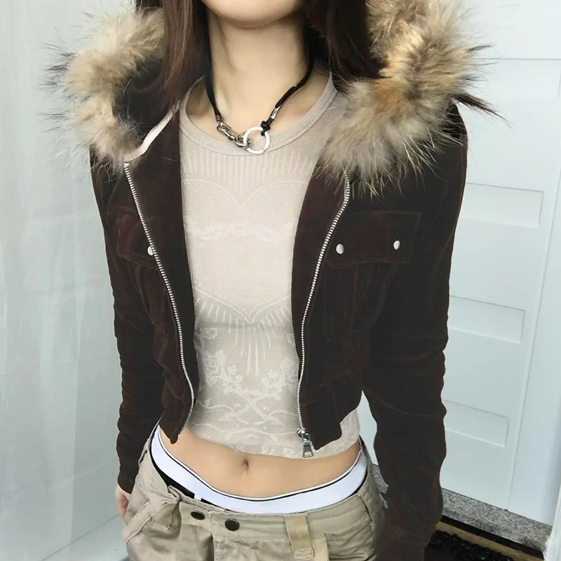 2025 y2k estetická kožušina Patchwork Dámske kapucňové bunda Streetwear zamatový orezaný štíhly fit vrcholy harajuku grunge vreckový vreckový kabát