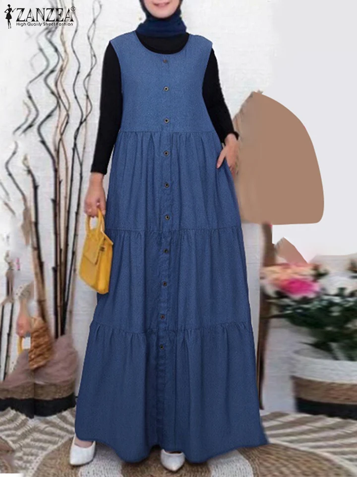 2025 Zanzea letné kombinézy šaty moslim Abaya hidžáb šaty jesenná džínsová modrá Vestidos kaftan žena elegantná dovolenka maxi rúž