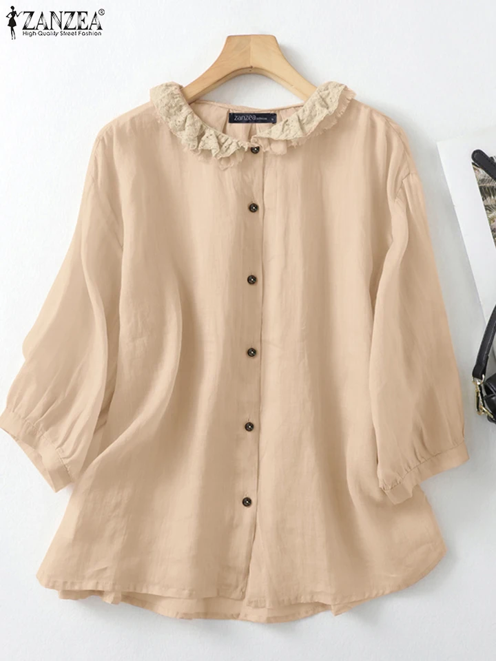 2025 Zanzea letné tuhé košele Ženy ELAGANT 3/4 Ruckve Baggy Work Blúzka Štýlová čipka Patchwork Tops TUNIC NEVYHODNÉ LOA LOAT BLUSAS