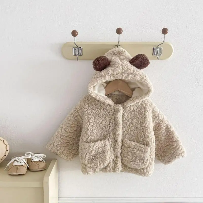 2025 Zima Nové dieťa s dlhým rukávom plyšový kabát Bear Ears Hat Dievčatá Dievča