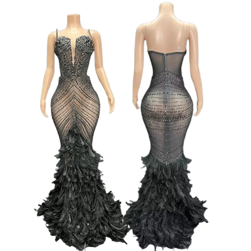 2025 Čierne kamienkové perie šaty sieť Červený večer Elegantné elegantné a sladké večerné šaty Dámske šaty na párty a svadbu