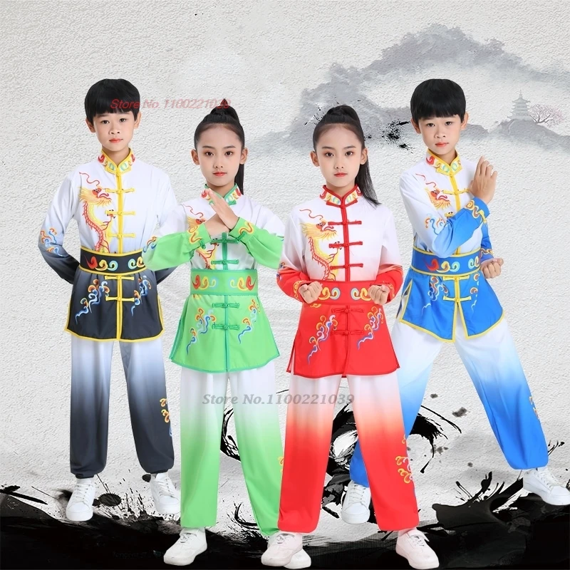 2025 Čínske deti Wushu bojové umenia oblek kung fu uniforma Shaolin Training Cvičenie Dragon tlač gradient color kungfu set