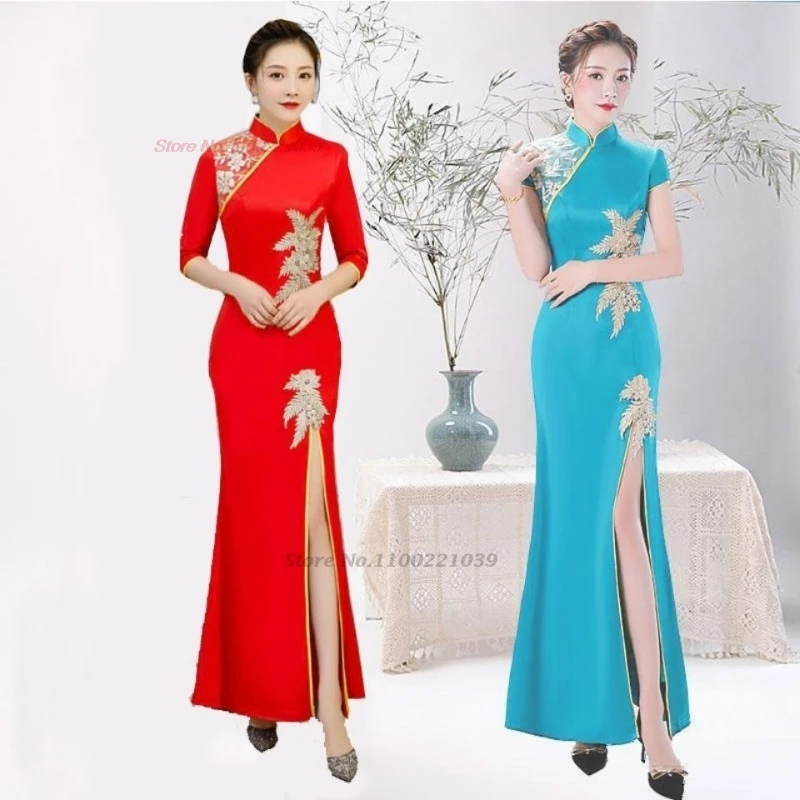 2025 Čínske vintage šaty vylepšené cheongsam retro banketové večerné šaty qipao národné kvetinové flitrové šaty