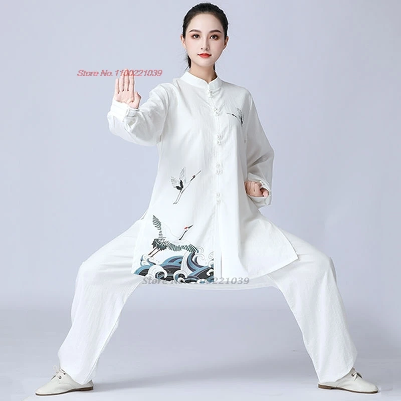 2025 Čínsky tai chi wushu kungfu ranné cvičebné vrcholy+nohavice súprava tlače Crane Tlač bavlní