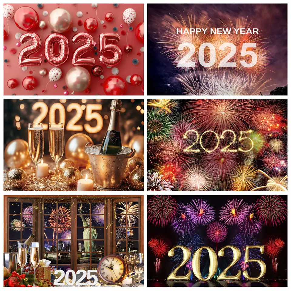 2025 Šťastný nový rok pozadie pre fotografiu Fireworks Glass Champagne Family oslavuje párty dekorácie pozadia Photo Studio prop