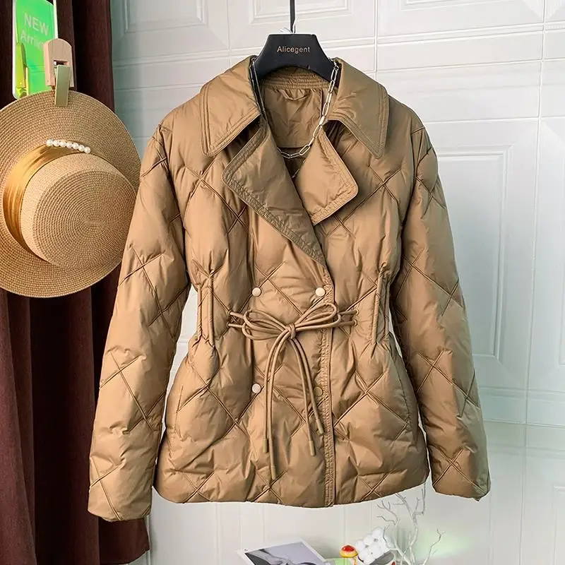 2025 Ženy biele kačica dole dvojité dojčené bunda Argyle Jeseň zima Outwear Office Lady Turnwown Down Slim Coat