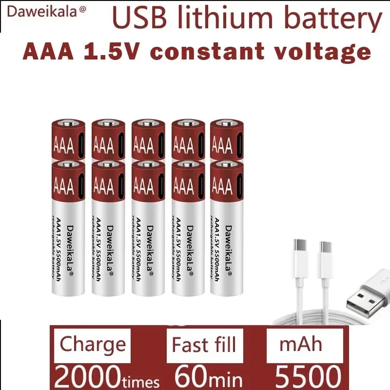 2025NEW USB AAA Nabíjateľné batérie 1,5 V 5500 MAH LI-ION batéria pre diaľkové ovládacie prvky myši Mouthelectric Toy Batéria + kábel typu C