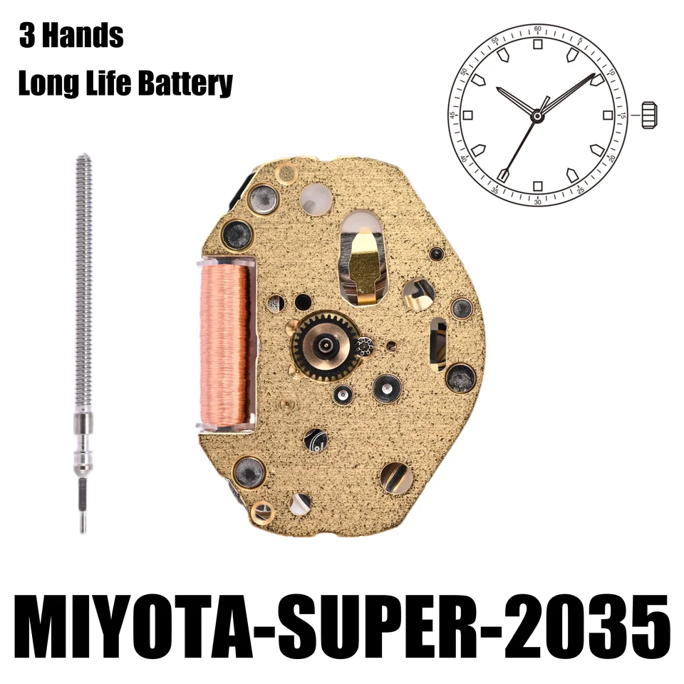 2035 pohyb Miyota Super2035 Pohyb Gilt 3 Hands Veľkosť: 6 3/4 × 8 '' 'HEIGH: 3,15 mm-yene váš pohyb s kovmi vyrobený v Japonsku.