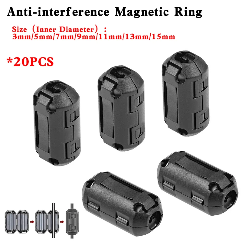 20ks 3,5/5/7/9/13/11/15 mm prsteňový jadro feritovú guľôčkovú svorku CLAMP COLE EMI RFI šumový sponk kábla pre čiernu magnetickú snímku