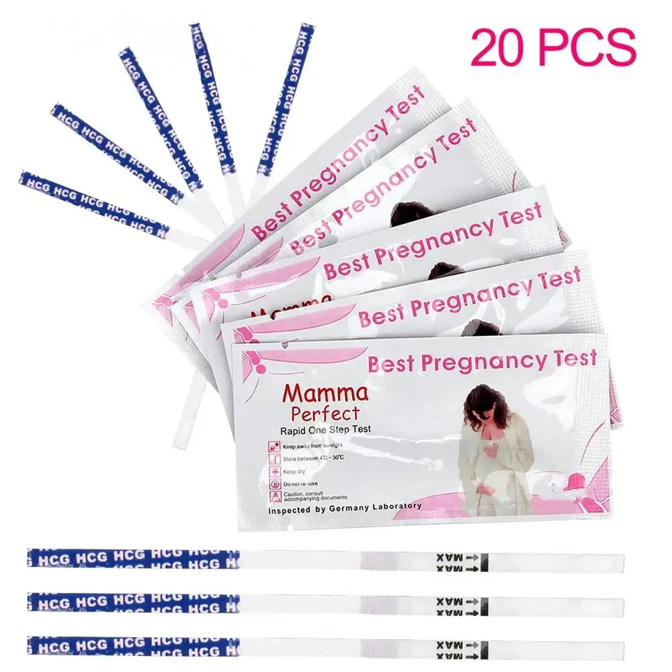 20ks HCG Testovací prúžok plodnosti pre ženy pre ženy včasné tehotenské močové súpravy Močerné hodnoty Viac ako 99% presnosť