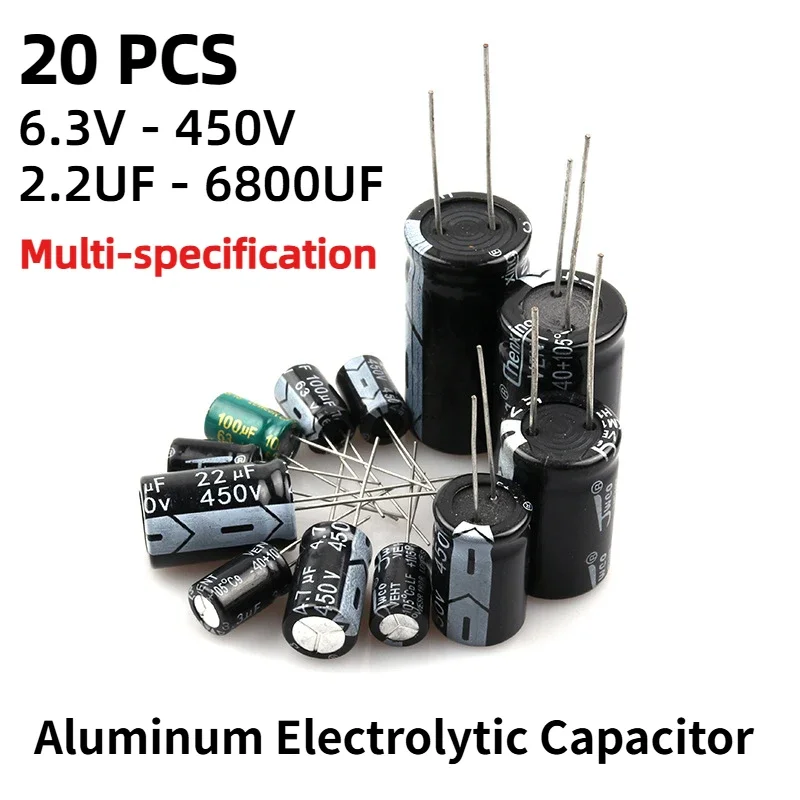 20ks hliníkový elektrolytický kondenzátor 6.3V 10V 16V 25V 35V 50V 400V 450V 220UF 220UF 330UF 470UF 680UF 1000UF 2200UF 20%