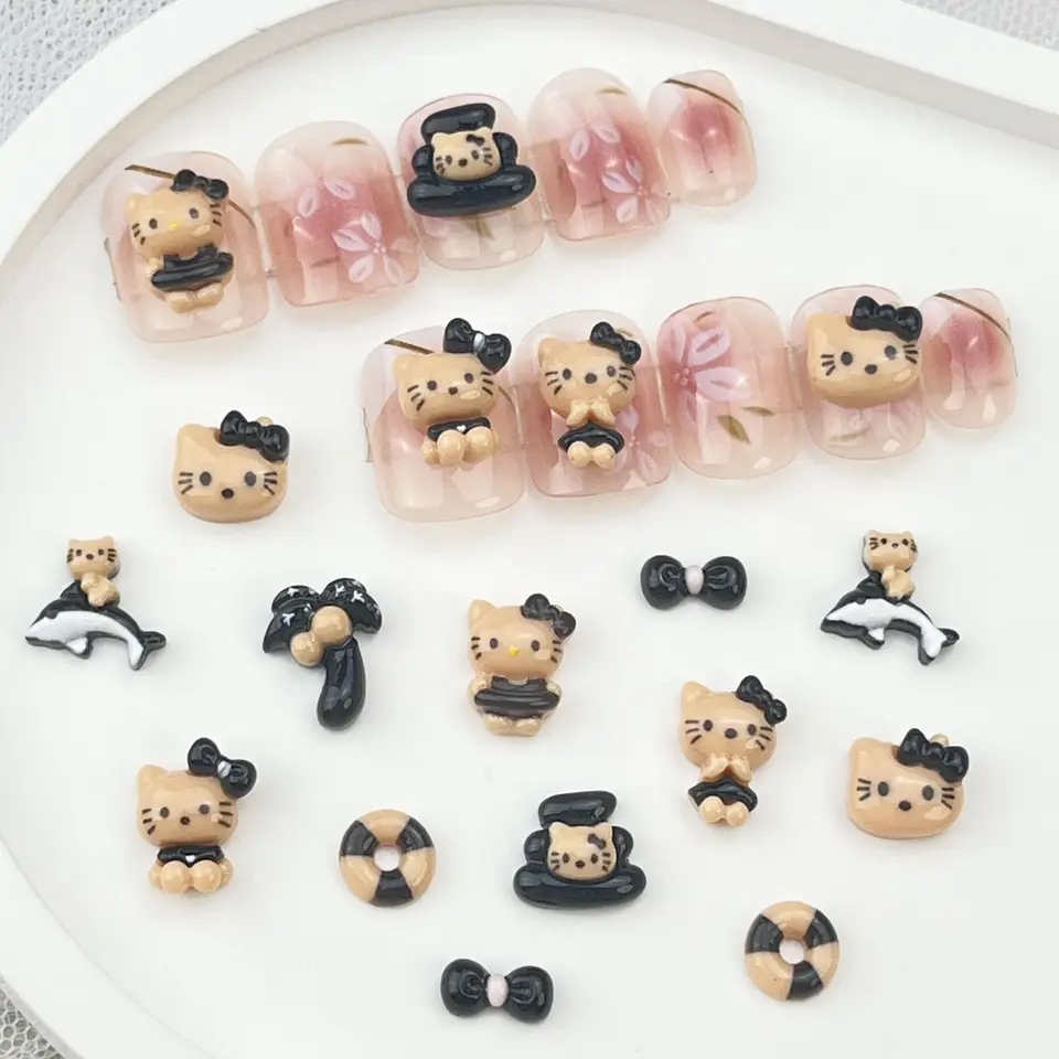 20ks letná pláž Hello Kitty Cartoon Nail Art Black Skin Hawaii Kt Cat Female Resin DIY Girl Gift