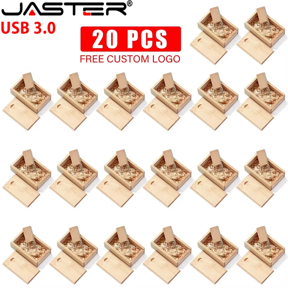 20ks Lot USB 3,0 Flash Drive 128 GB Crystal Pen Drive 64 GB Zadarmo vlastné logo pamäťové palice 32 GB 16 GB 8 GB Drevená darčeková skrinka U Disk
