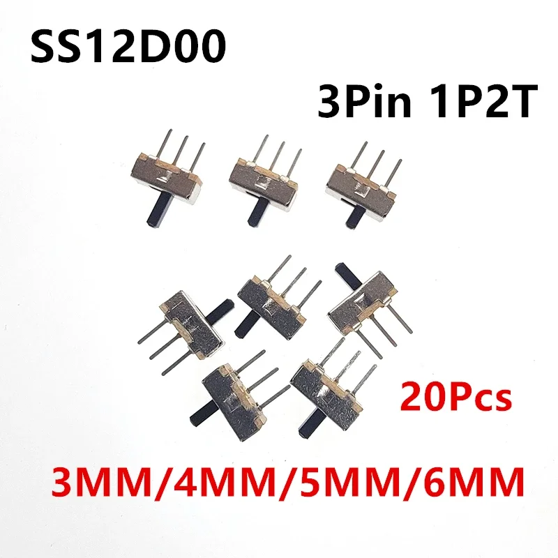 20ks SS12D00 3PIN 1P2T prelomer On-off mini posúvací spínač 2 polohy vysokokvalitné prepínač Dĺžka rukoväte: 3 mm/4 mm/5 mm/6 mm