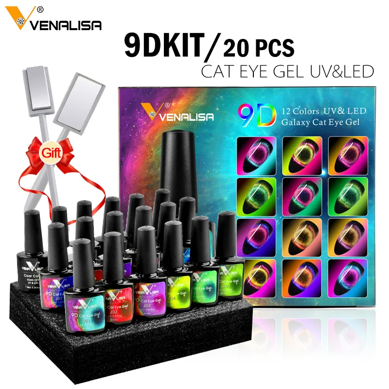20ks/súprava New 9D Galaxy Cat Eye Eye Gel Poľh Set Box Venalisa Magic Glitter Poľsk na nechty Purse Purse Topcoat Base Gel Gél Magnetický nástroj