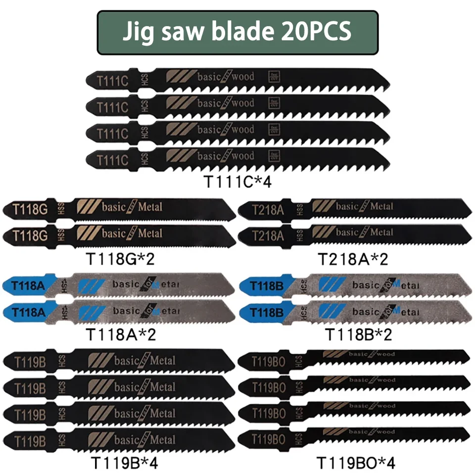 20ks T-SHANK JIGSAW BLADES STADENÉ ZATVORENÉ ZAMESTNANÉ HCS JIG SAW PATY Čepele jemný hrubý zub pre drevené kovové plastové hliníkové rezanie hliníka
