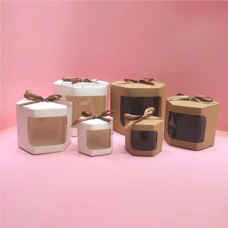20ks/časť 7x7 10x10 13*13 Nové okno s darčekom Bowknot Biely hexagonálny priehľadný PVC Spot Candy Box