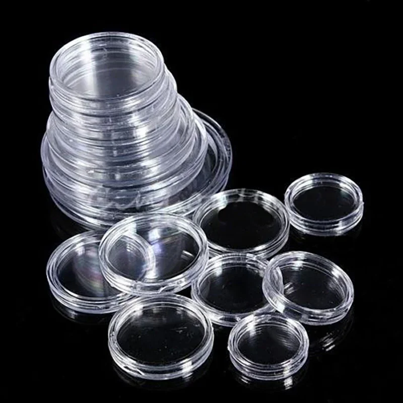 20ks/šarža 16-46 mm číry priehľadný plastový držiak na držiak na držiak Coin Display Collection Collection Puzdro