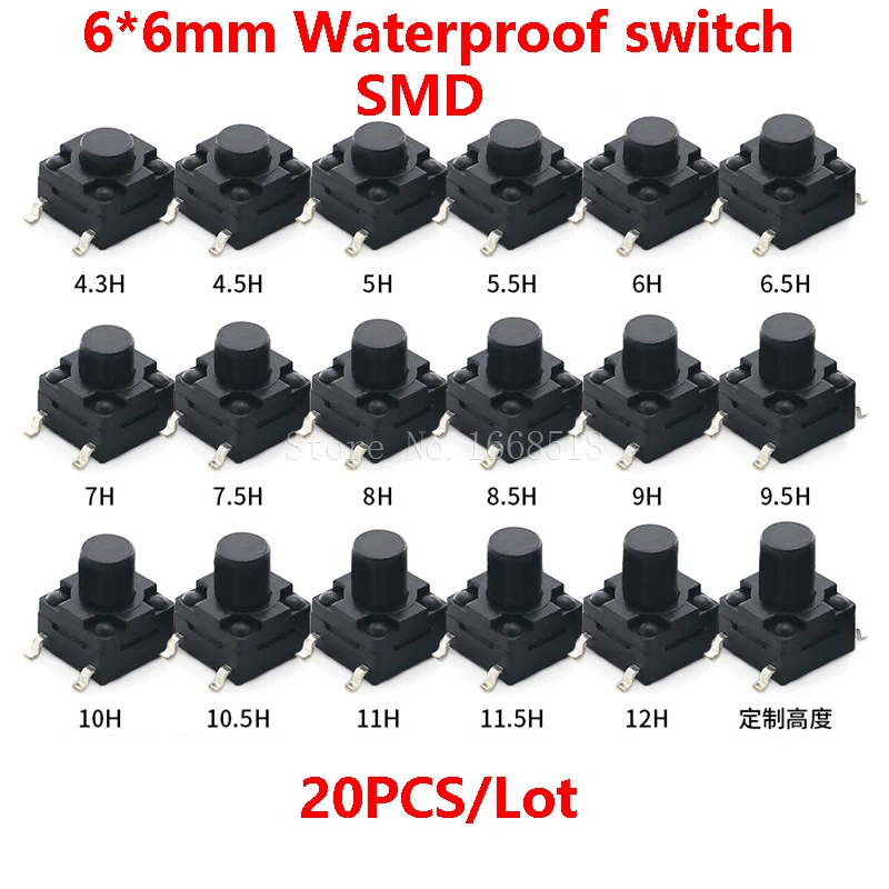 20ks/šarža 6x6 mm panel Nepremokavý takt prepínač 6x6x4.3 5 6 7 8 mm prachový nepremokavý spínač 4pin SMD Micro gombíky 6*6*4,3 mm 5 mm 6 mm 7 mm 8 mm