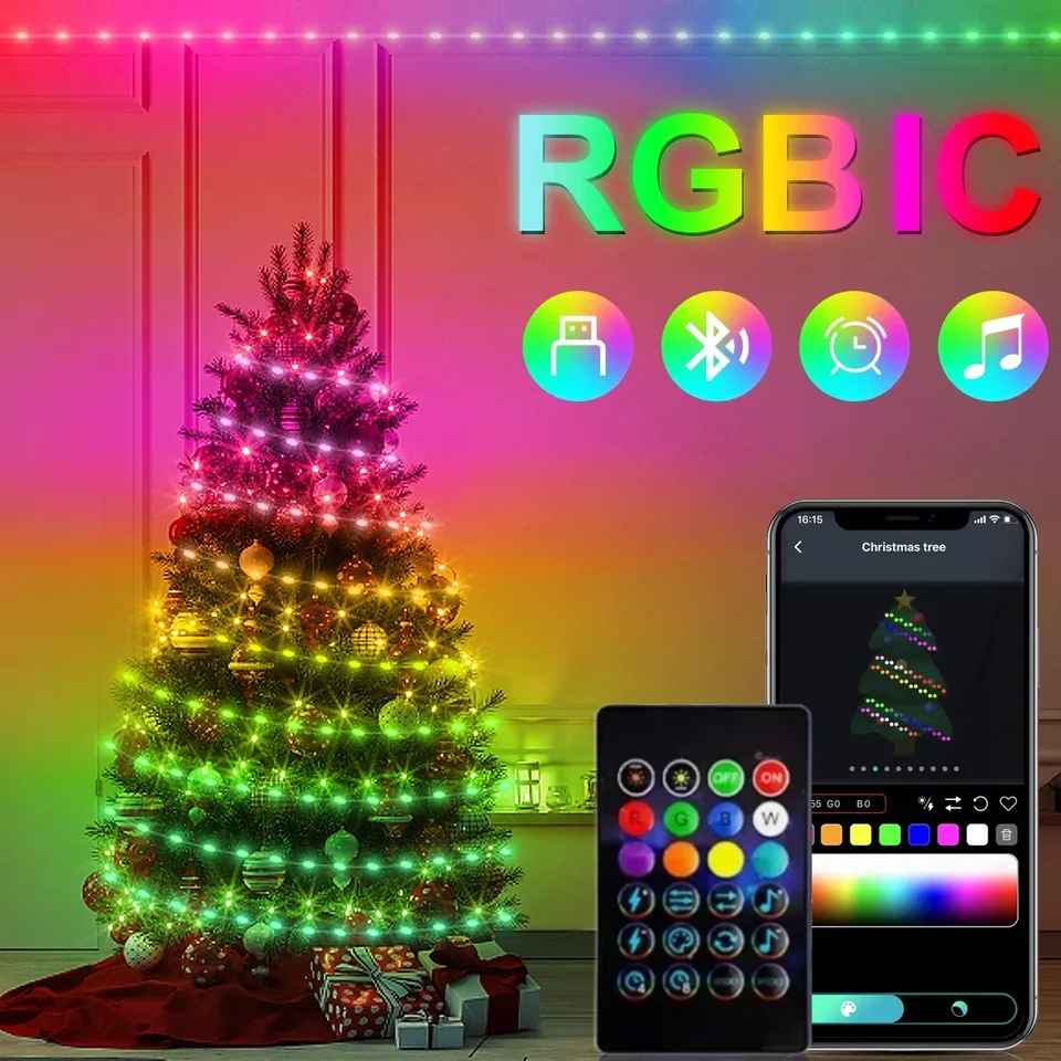 20m snov farba USB 5V LED Sting Light Bluetooth Music App Aplikácia RGBIC Aropertable Fairy Lights narodeninové oslavy vianočné dekorácie Girland