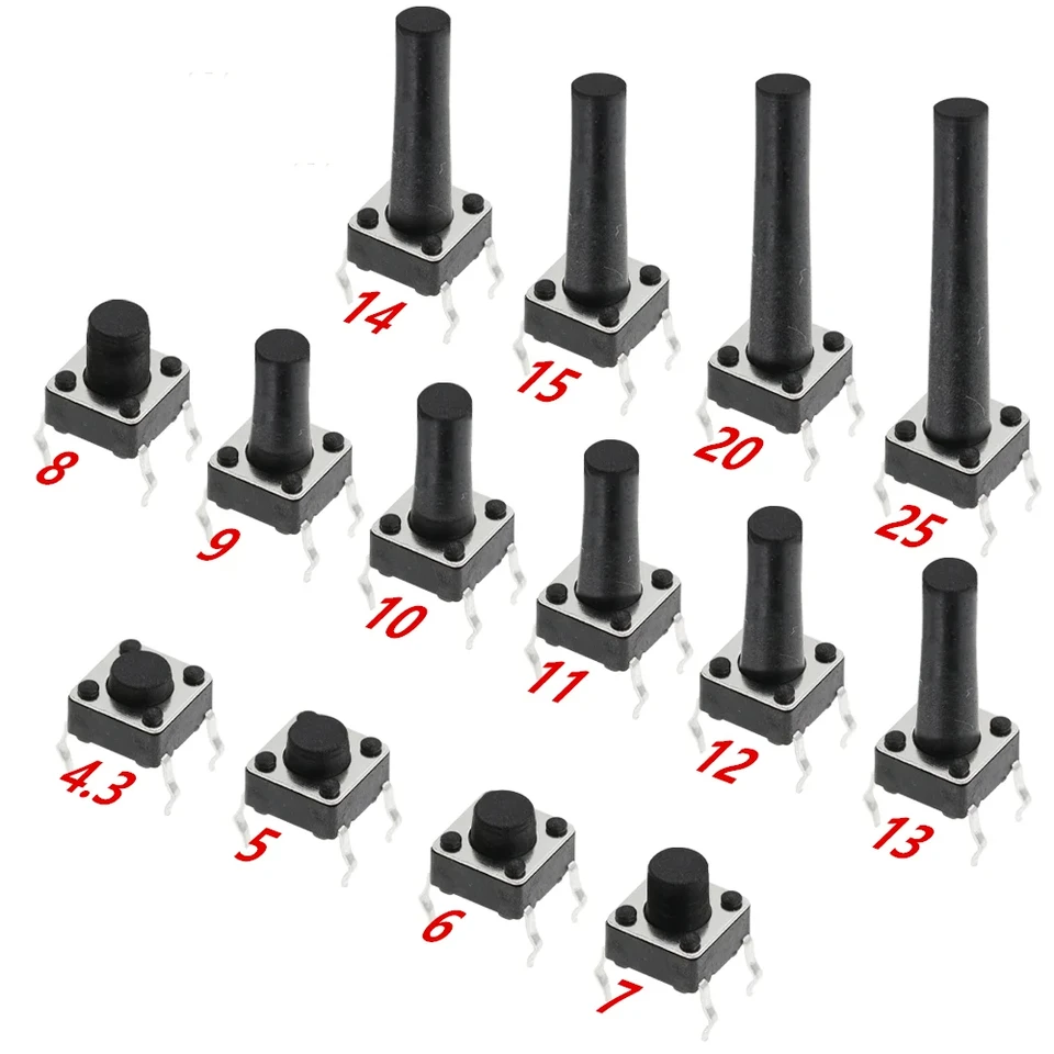20pcs 6x6 Spínač tlačidla Push Switch Dip 6x6x4.3 Svetelný dotknutý prepínač 6*6*4,3/5/6/8/8/10/11/11/11/1121 mm Spách 4pins pre Arduino