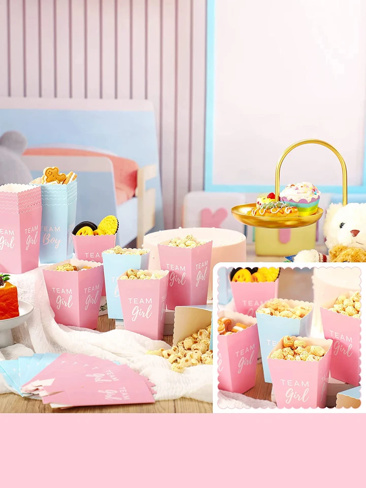 20pcs pohlavie odhaľujúci popcorn box pre chlapcov a dievčatá, popcorn box pre detské sprchy, rodové zobrazenie, zásoby večierkov
