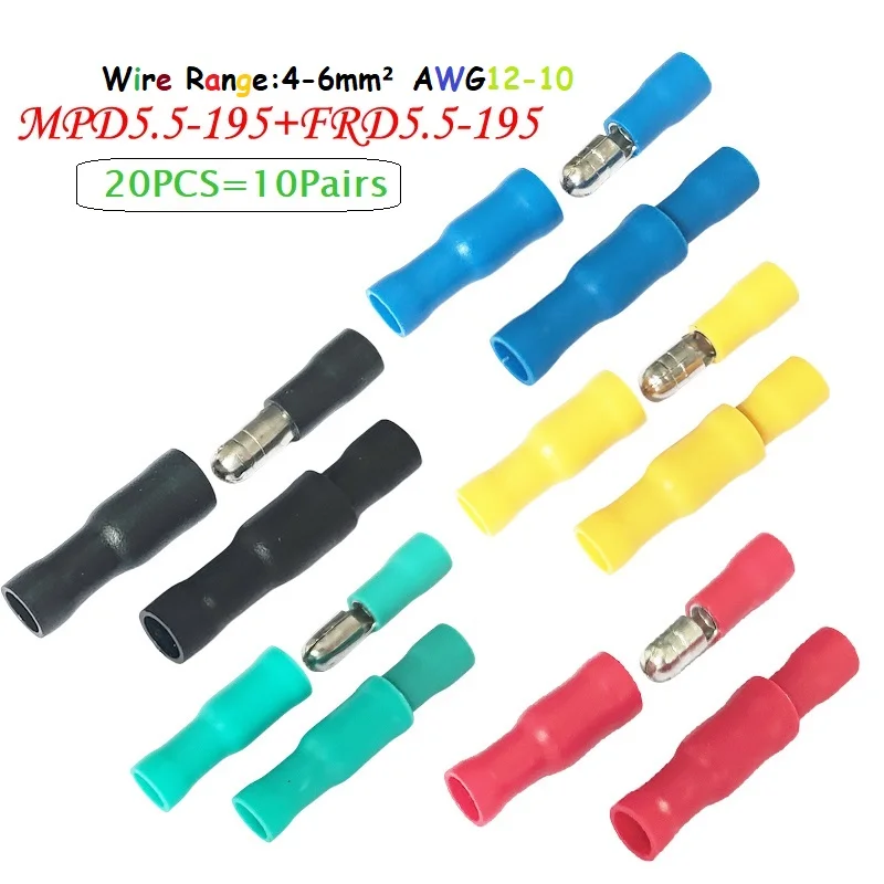 20pcs Rozsúdený samec samca MPD (FRD) 5.5-195 Butt-kĺbový terminál Izolovaný káblový vodič rýchleho kriminacieho drôtu 4-6 mm² 12-10awg
