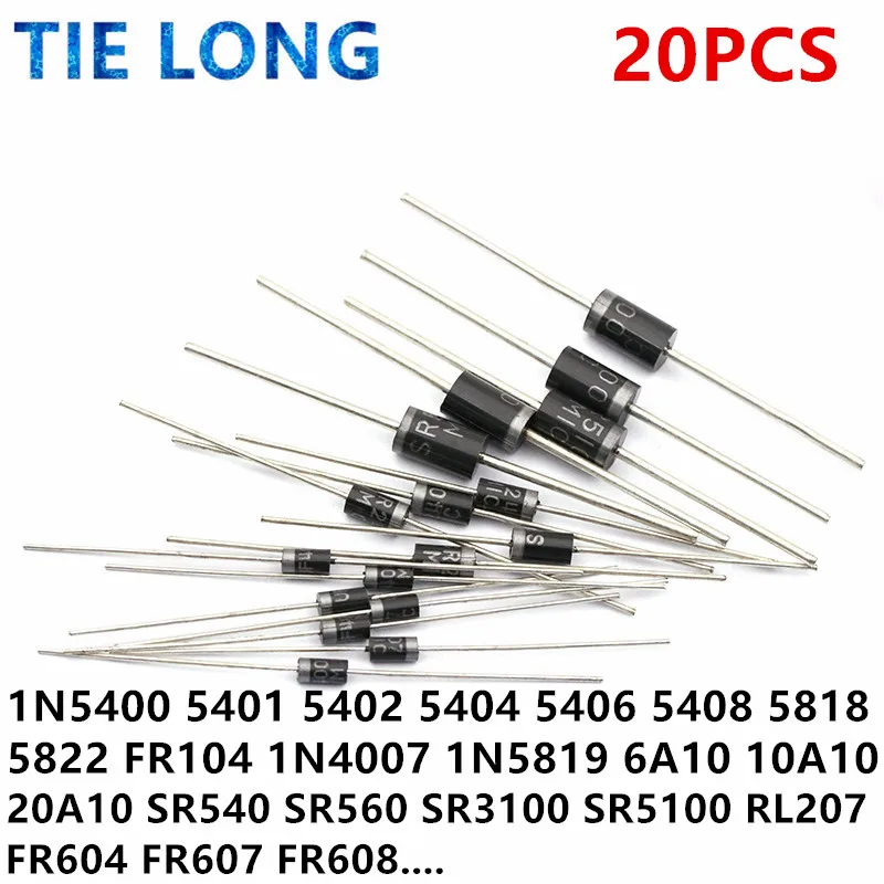 20pcs usmerňovač Dióda 1N5408 1N5404 1N5401 1N5822 1N5818 1N5400 1N5406 1N5402 10A10 FR604 FR607 FR608 3A200V 400V 600V 800V