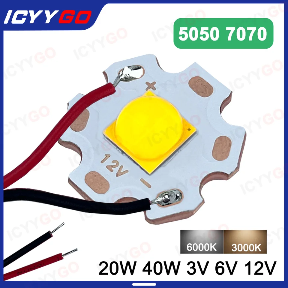 20W 40W Vysoký výkon LED 5050 7070 Dióda guľôčok 3V 6V 12V s káblom vhodný pre časti baterky na bicykle