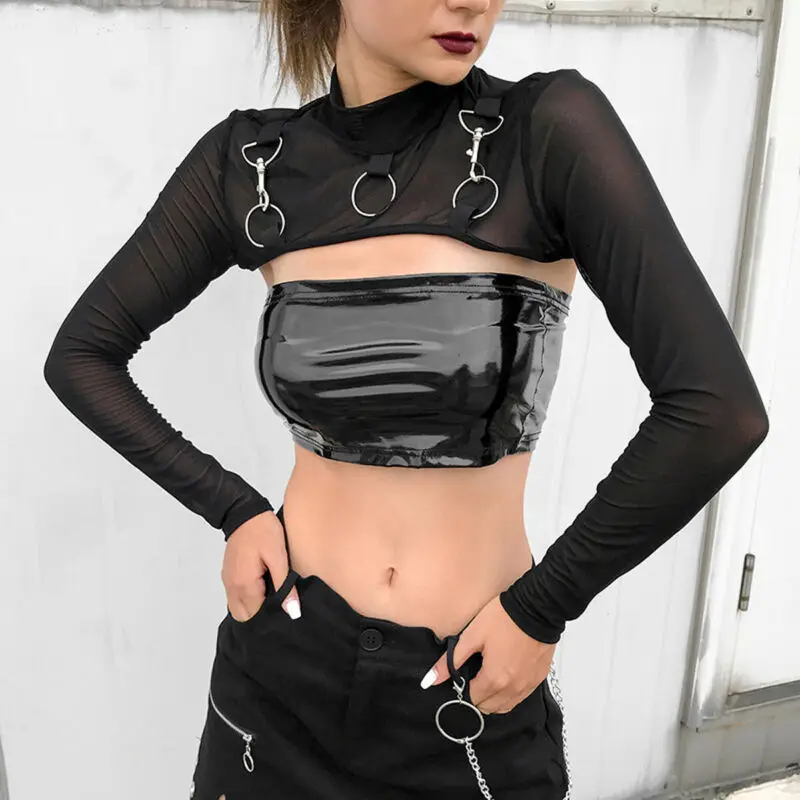 210. storočia Fairycore Fashion See Prostredníctvom žien mriežku číry halter bustier s dlhým rukávom o krk plodiny vrcholy blúzky estetické oblečenie