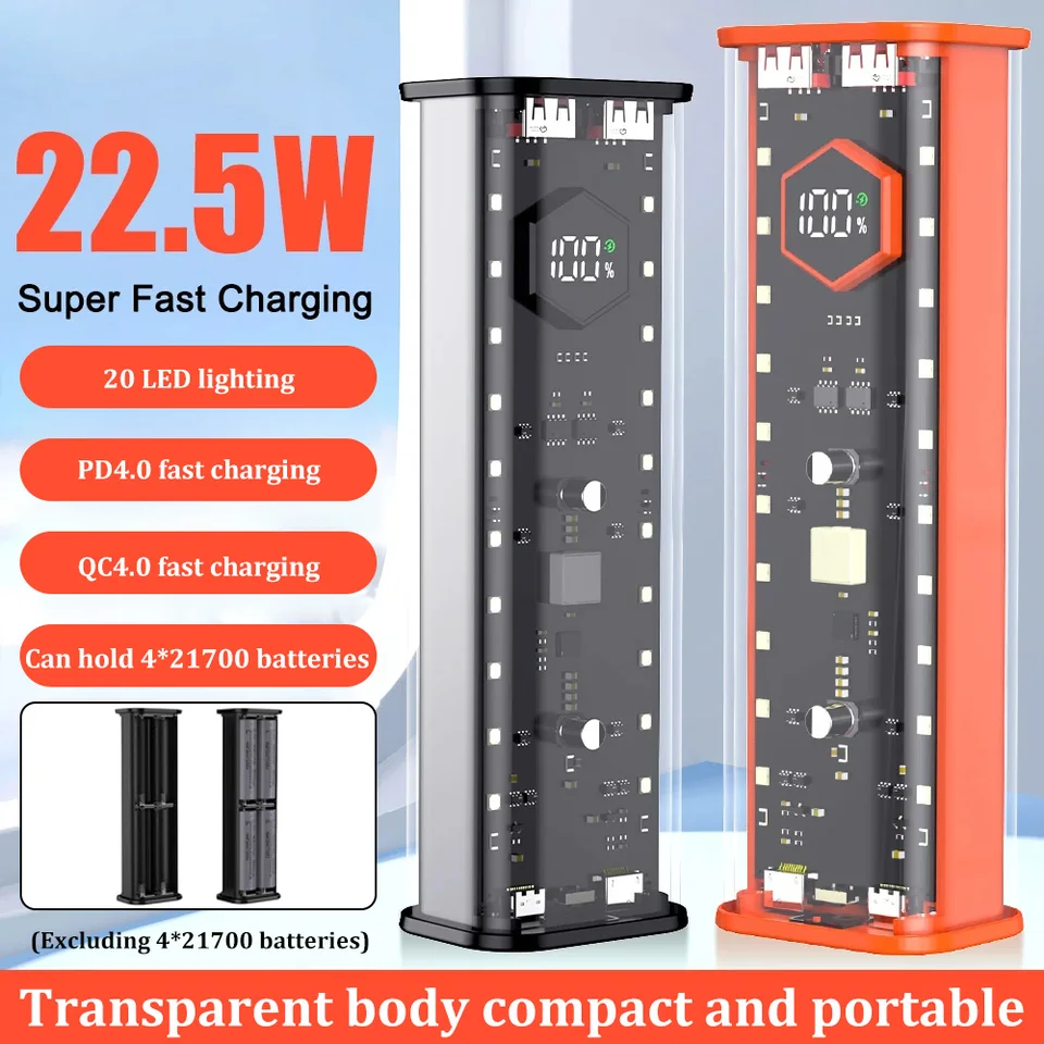 21700 Power Bank 4 sloty 21700 DIY Storage Box Digital Display Dual USB Typ C Nabíjanie DIY shell držiak na batériu