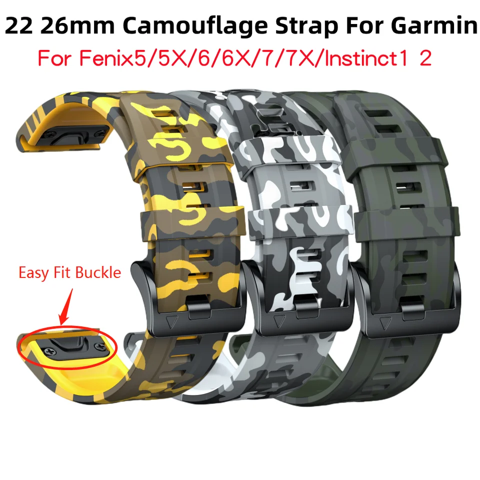 22 26mm Silikone Easy Fit Camouflage Wrictband Rain pre Garmin Fenix5 5x 5xPlus 6 6x 6xpro 7 7x hodinkový náramok inštinkt
