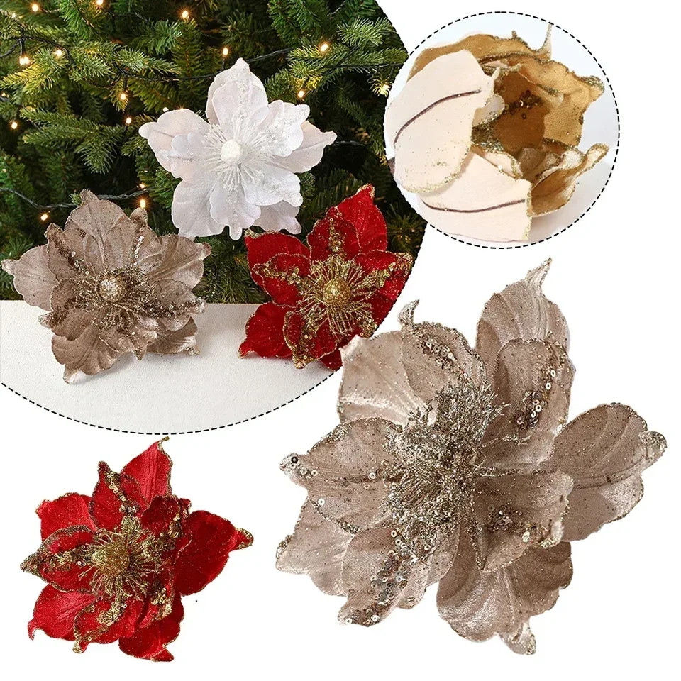 22 cm vianočné vianočné poinsettia trblietavý kvet visiaci vianočné večierky dekorácia DIY GARLANDS